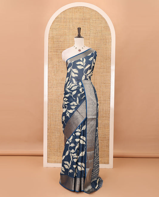 Blue dotted striped & batik leaf printed viscose georgette saree, traditional design zari border, intricate pallu & blouse of print & zari work