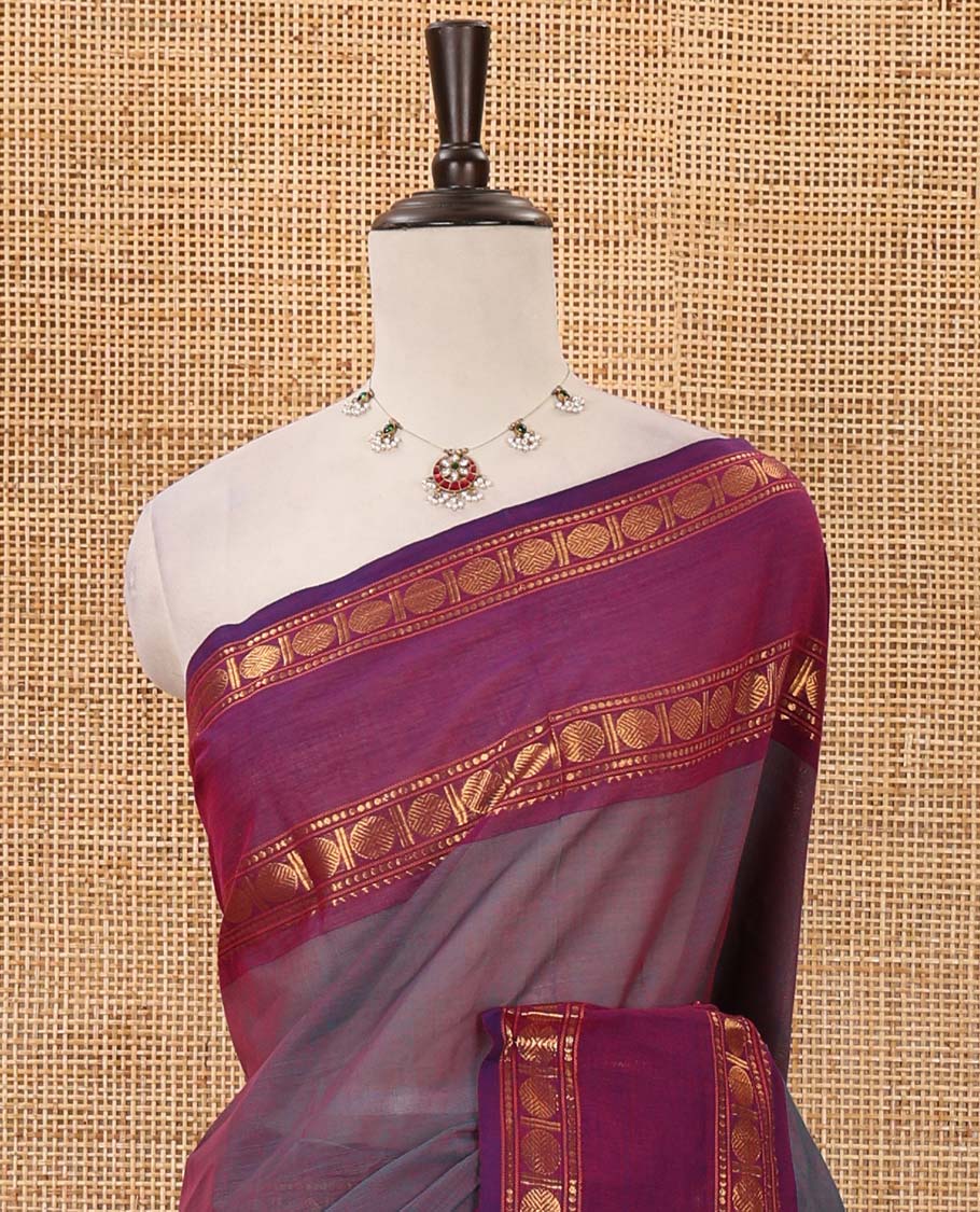 Violet plain Chettinad cotton saree, contrast rettai pettu rudraksham zari border, striped pallu & blouse of zari border