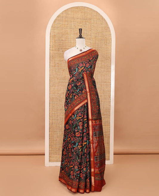 Black-base multi-hued floral vine printed viscose muslin saree, contrast zari piping border,print pallu & floral motifs print blouse