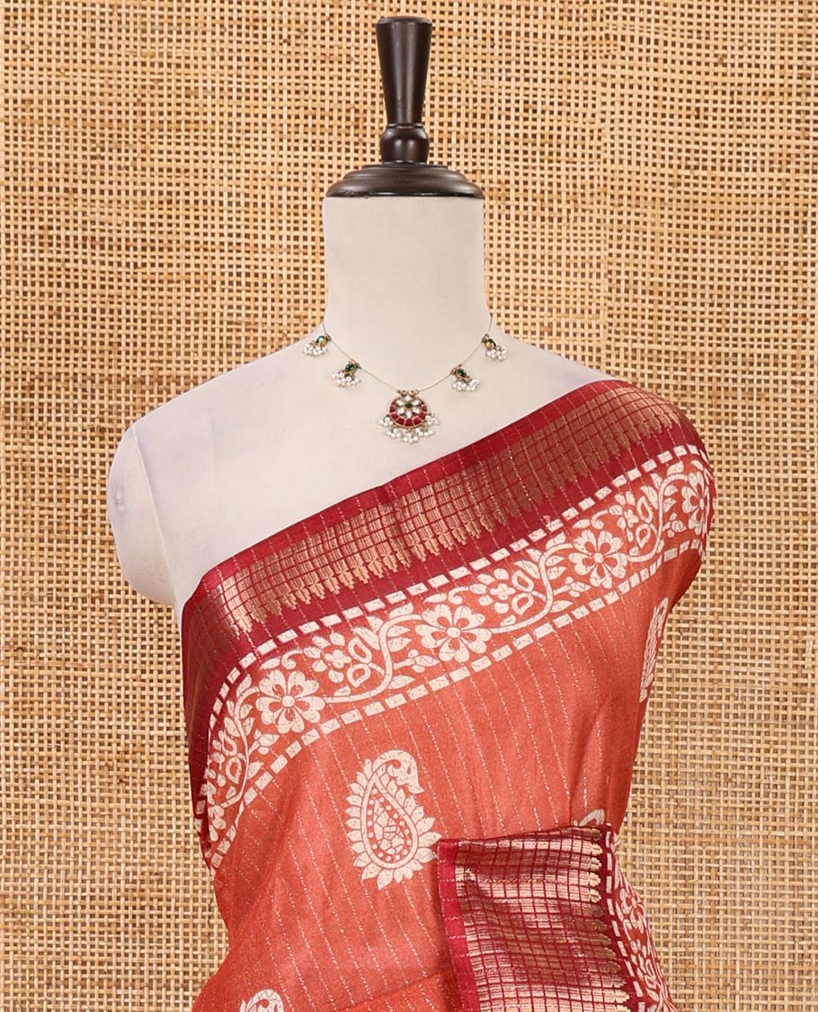 Tomato pink zari striped & batik paisley-floral printed dola silksaree,contrast zari border,batik paisley print pallu & blouse of print & zari work