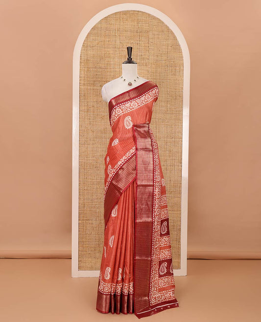 Tomato pink zari striped & batik paisley-floral printed dola silksaree,contrast zari border,batik paisley print pallu & blouse of print & zari work