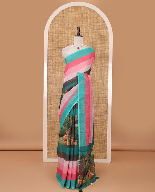 Borderless multi-color ombre striped & hand-painted flora & Radha motif printed linen cotton saree, Radha motif printed pallu & multi-color striped blouse