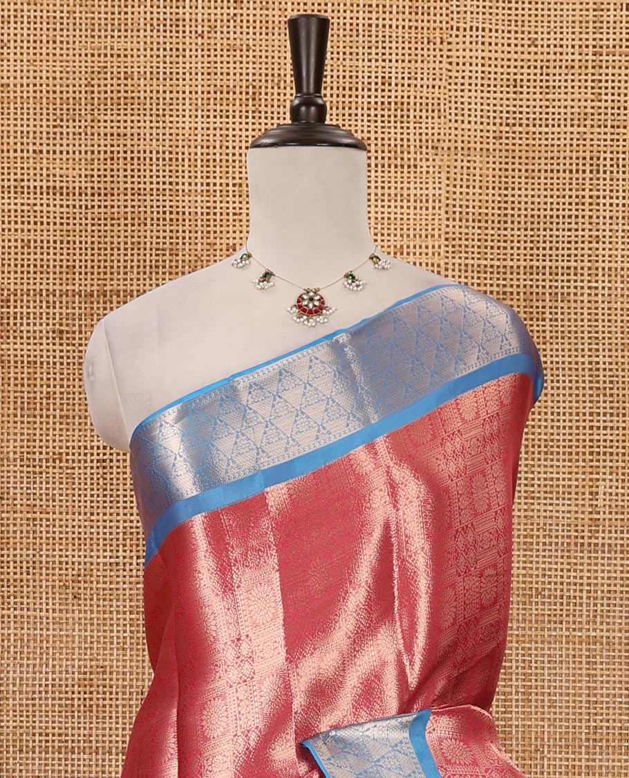 Pink zari jacquard tissue banaras saree, contrast traditional zari design border, intricate pallu & contrast jacquard blouse