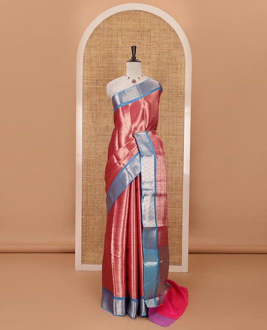 Pink zari jacquard tissue banaras saree, contrast traditional zari design border, intricate pallu & contrast jacquard blouse