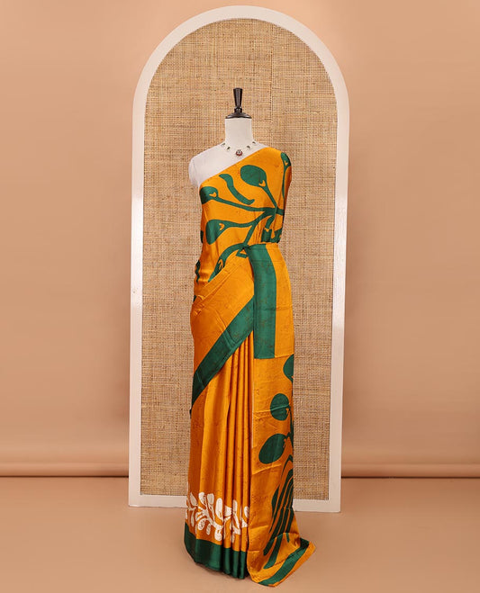 Borderless gold batik-style vine printed satin crepe saree, fancy printed self-pallu & batik printed blouse