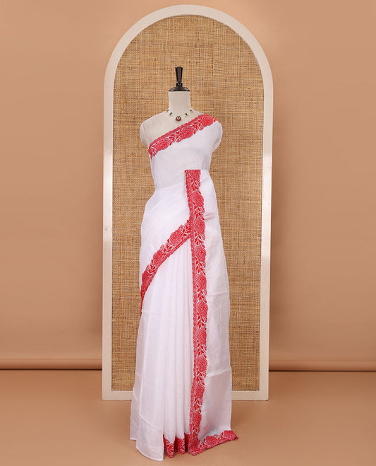 White plain kota checks saree, red rose thread embroidered scallop border & self-pallu & matching floral thread embroidered blouse