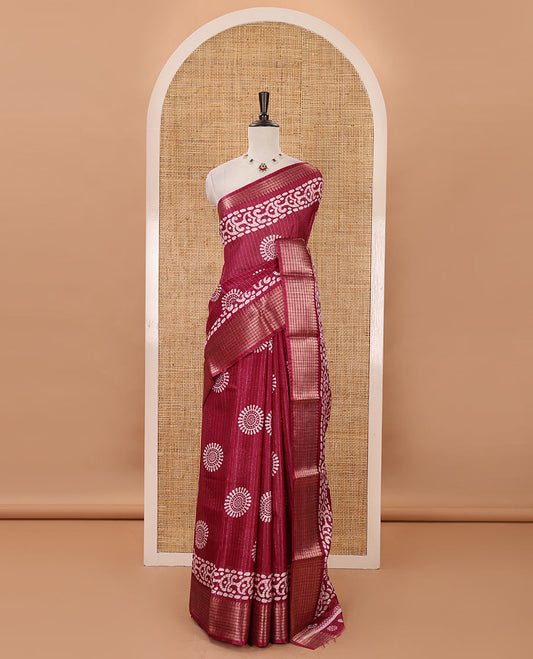 Purple golden zari striped & batik-printed dola silk saree, traditional zari border & batik printed pallu & matching batik printed blouse