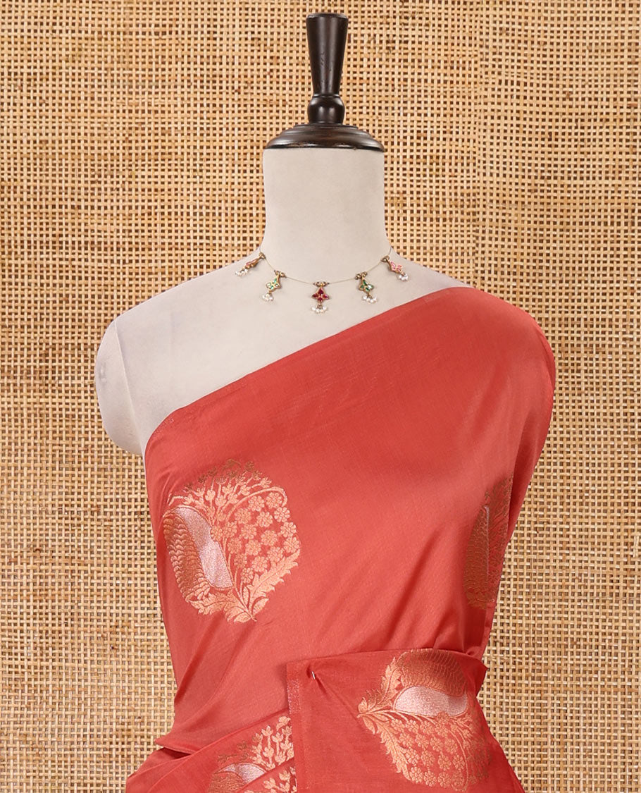 Borderless coral mulberry silk saree with copper & silver zari buttas, self-pallu of intricate designs & zari design blouse