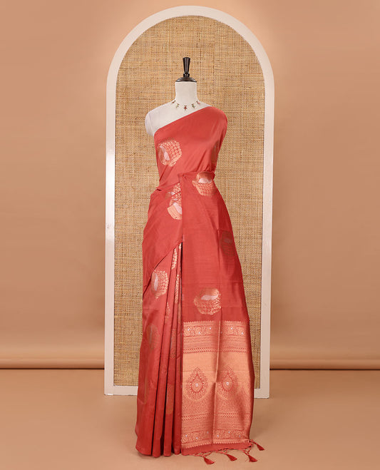 Borderless coral mulberry silk saree with copper & silver zari buttas, self-pallu of intricate designs & zari design blouse