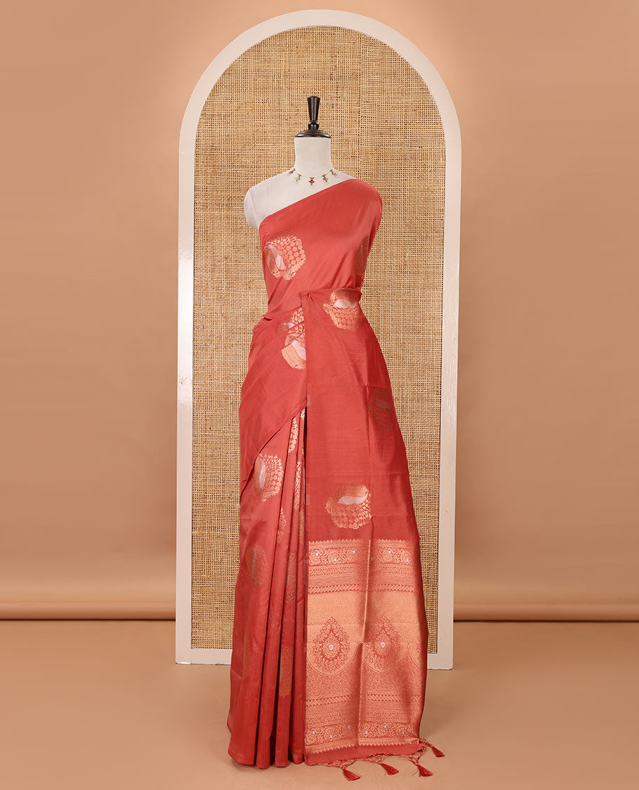 Borderless coral mulberry silk saree with copper & silver zari buttas, self-pallu of intricate designs & zari design blouse