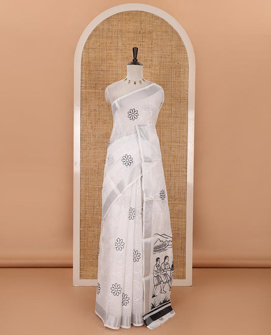 White flower motifs print & floral vine thread embroidered linen saree, zari bavanji border, village-theme handpainting-style printed pallu & blouse of print & embroidery