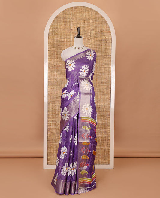 Lavender zari striped & sunflower motifs printed dola silk saree, traditional zari border, ikkat printed pallu & printed blouse