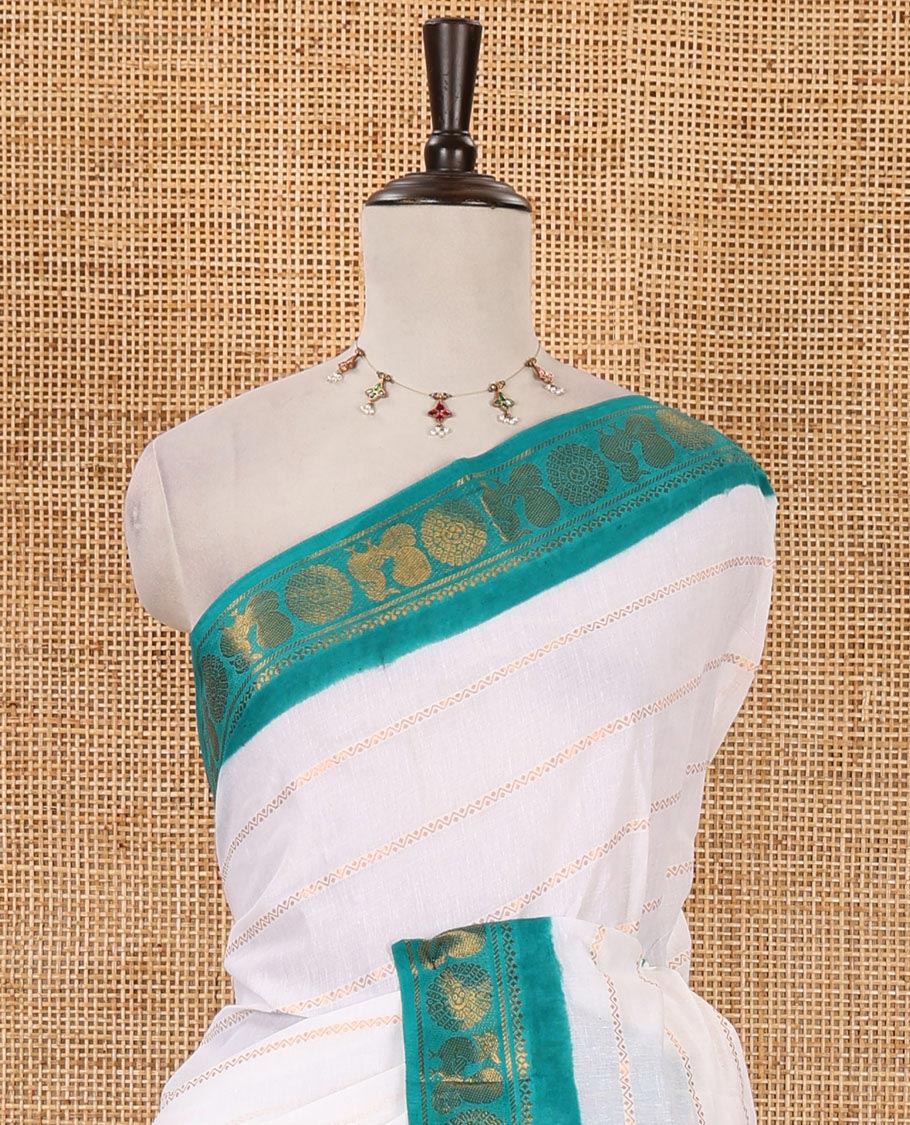 White zari veldhari striped sungudi cotton saree, contrast annam chakram border, zari striped pallu & contrast zari design blouse