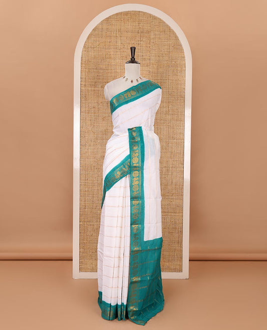 White zari veldhari striped sungudi cotton saree, contrast annam chakram border, zari striped pallu & contrast zari design blouse