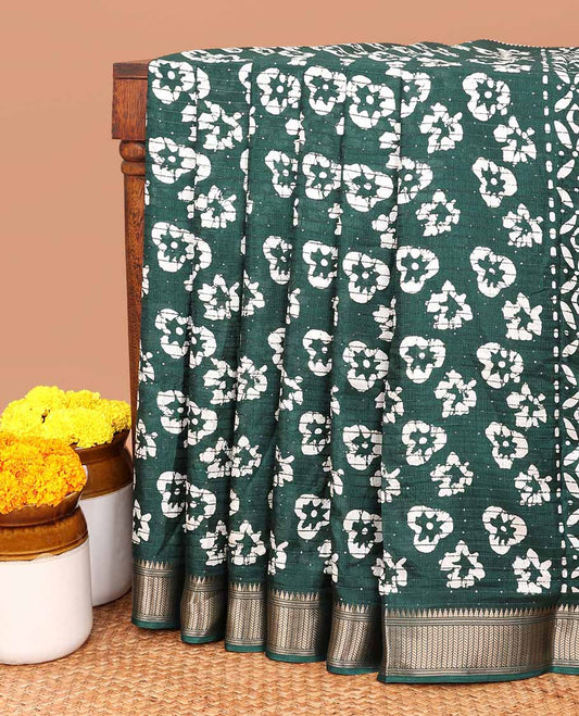 Green pathik print , sequins design dola silk saree with copper thread border & small pathik printed blouse