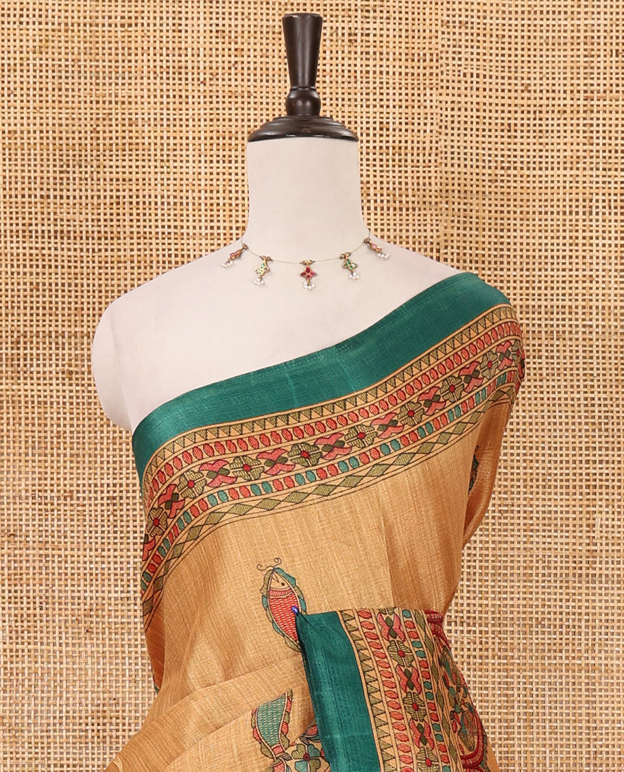 Lemon yellow madhubani-style fish printed khadi cotton saree, floral printed border, madhubani printed pallu & contrast polka dots printed blouse