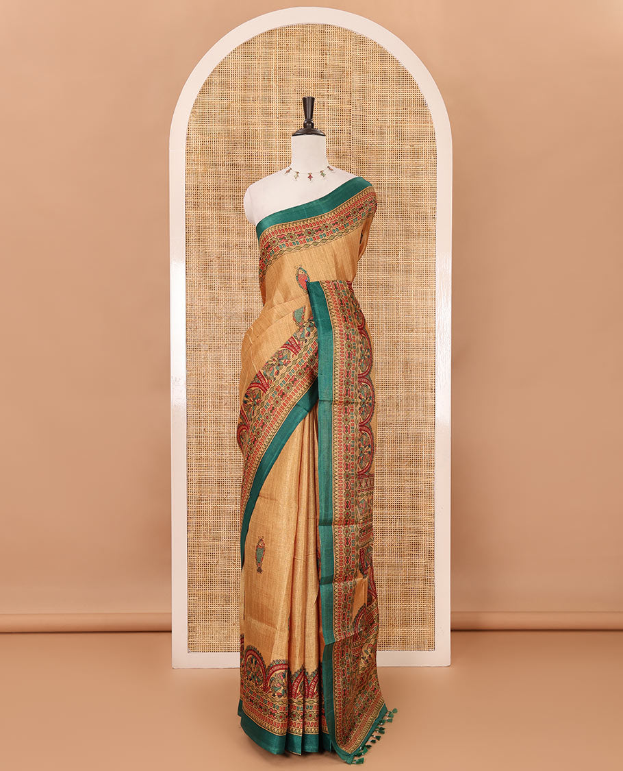 Lemon yellow madhubani-style fish printed khadi cotton saree, floral printed border, madhubani printed pallu & contrast polka dots printed blouse