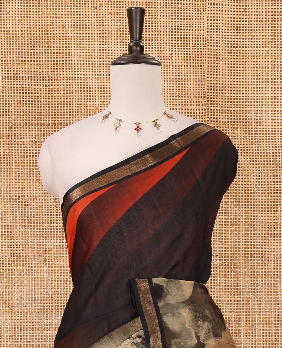 Black shibori-style printed muslin saree, contrast zari piping border, self printed pallu & shibori-style printed blouse