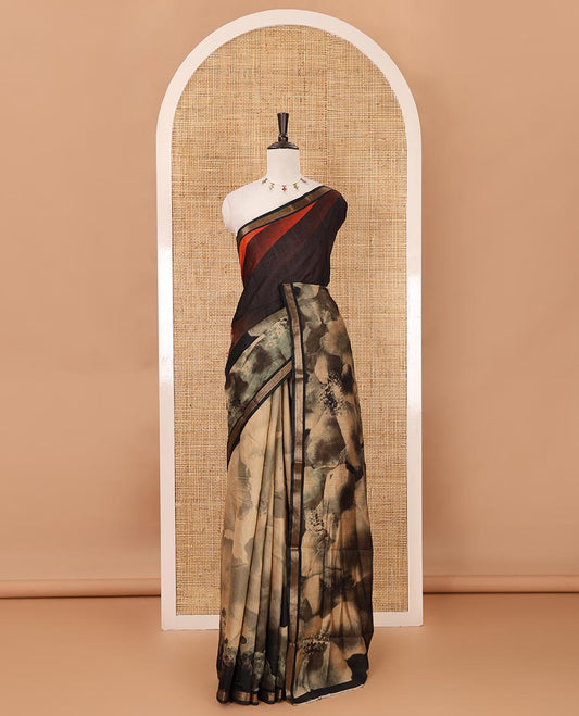 Black shibori-style printed muslin saree, contrast zari piping border, self printed pallu & shibori-style printed blouse