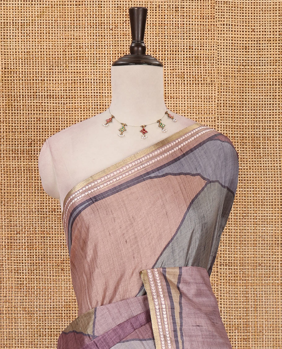 Grey abstract geometric printed semi-tussar saree, contrast thread triangle motifs border, striped pallu & contrast striped blouse