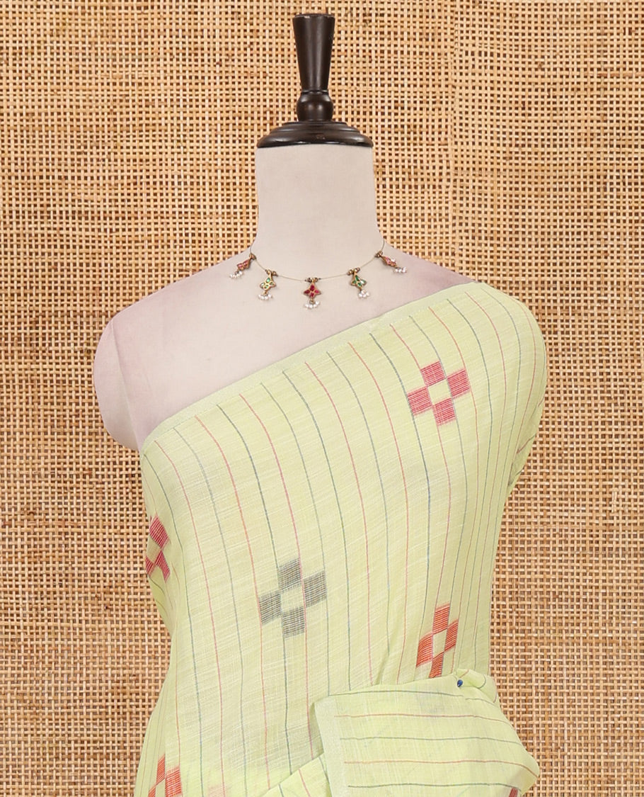 Parrot green vertical stripes & geometric buttas Jute linen saree, Sliver zari border, geometric patterned pallu & vertical striped blouse