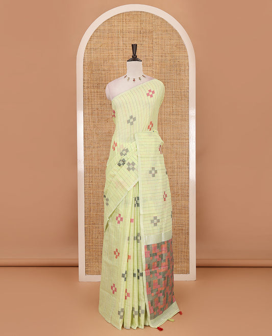 Parrot green vertical stripes & geometric buttas Jute linen saree, Sliver zari border, geometric patterned pallu & vertical striped blouse