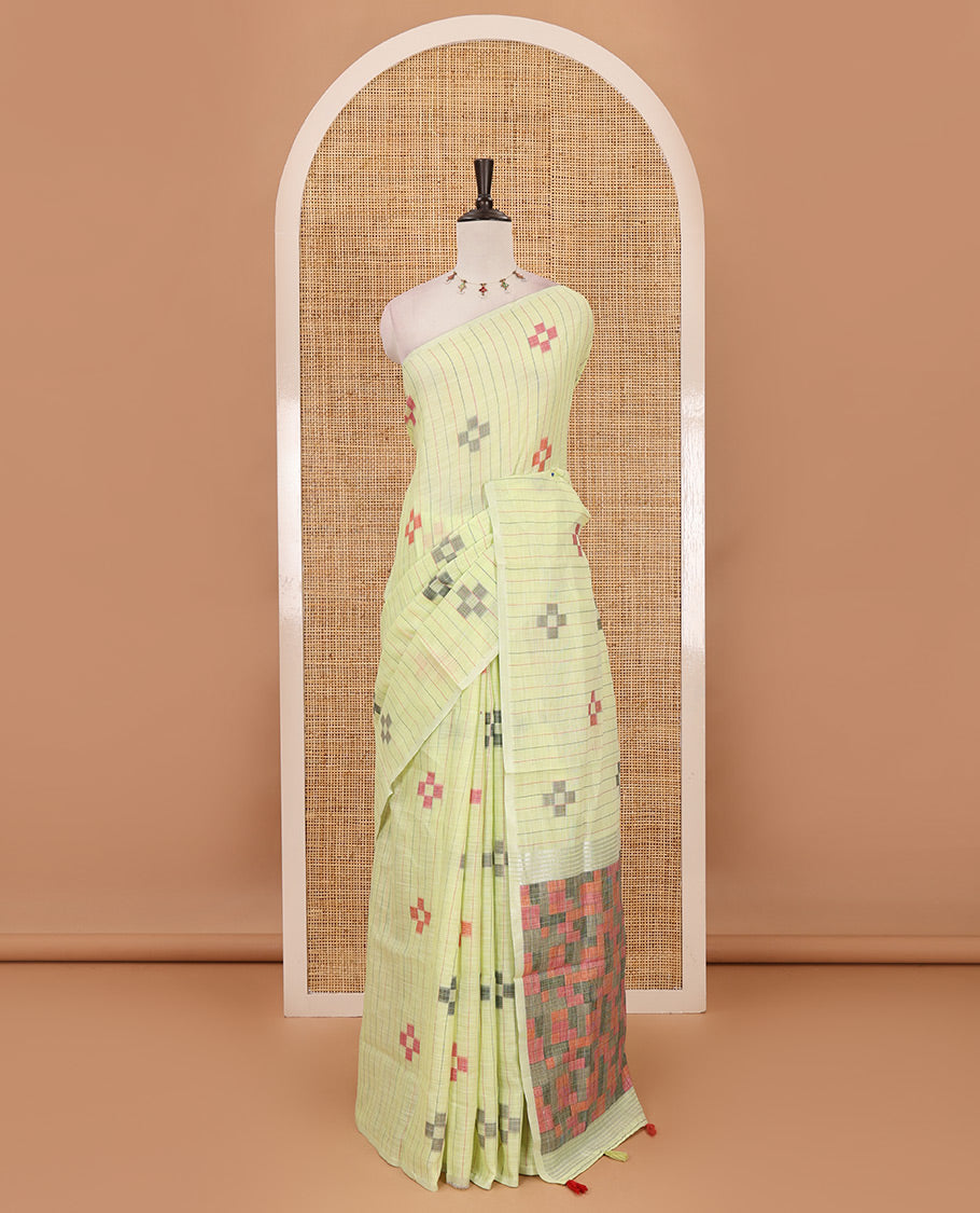 Parrot green vertical stripes & geometric buttas Jute linen saree, Sliver zari border, geometric patterned pallu & vertical striped blouse