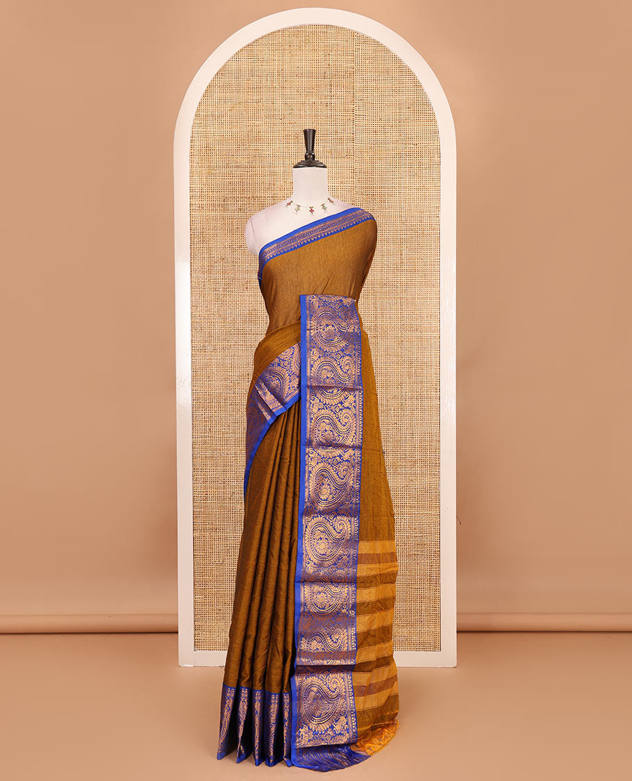 Brown plain design mercerised cotton saree, contrast traditional peacock enclosed manga border, striped pallu & matching blouse