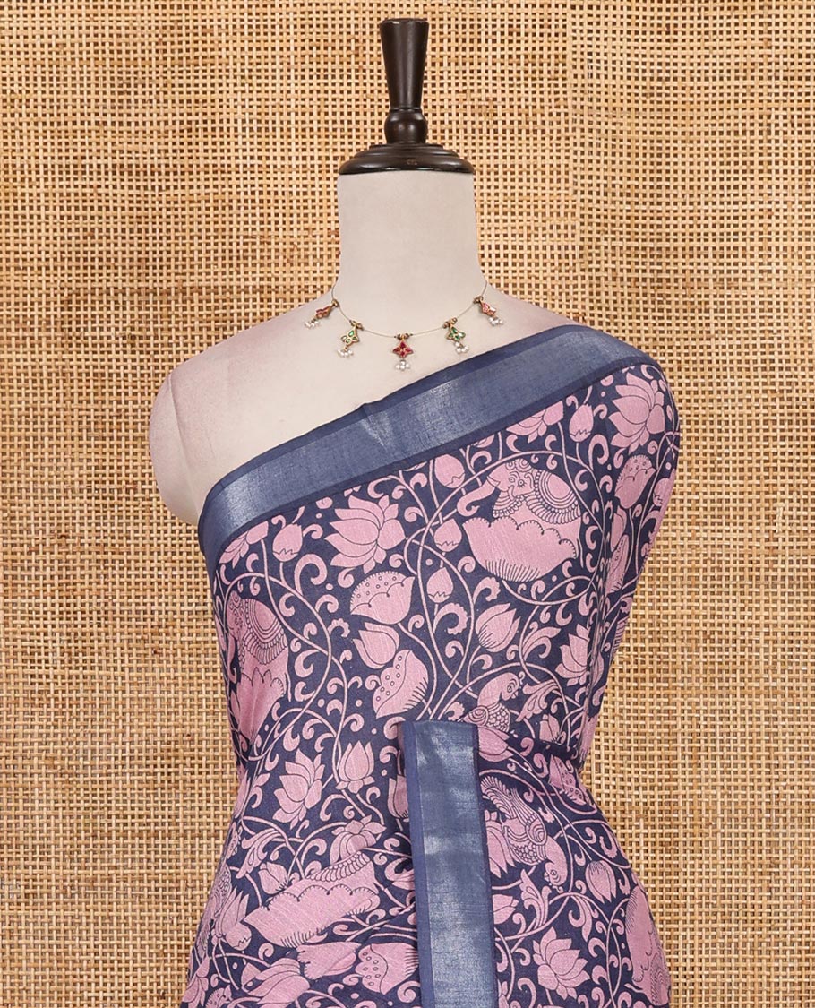 Blue flora-fauna kalamkari printed Bhagalpur linen saree, zari border, contrast floral-peacock printed pallu & contrast printed blouse