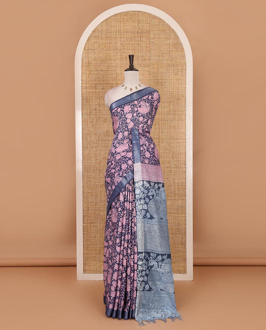 Blue flora-fauna kalamkari printed Bhagalpur linen saree, zari border, contrast floral-peacock printed pallu & contrast printed blouse