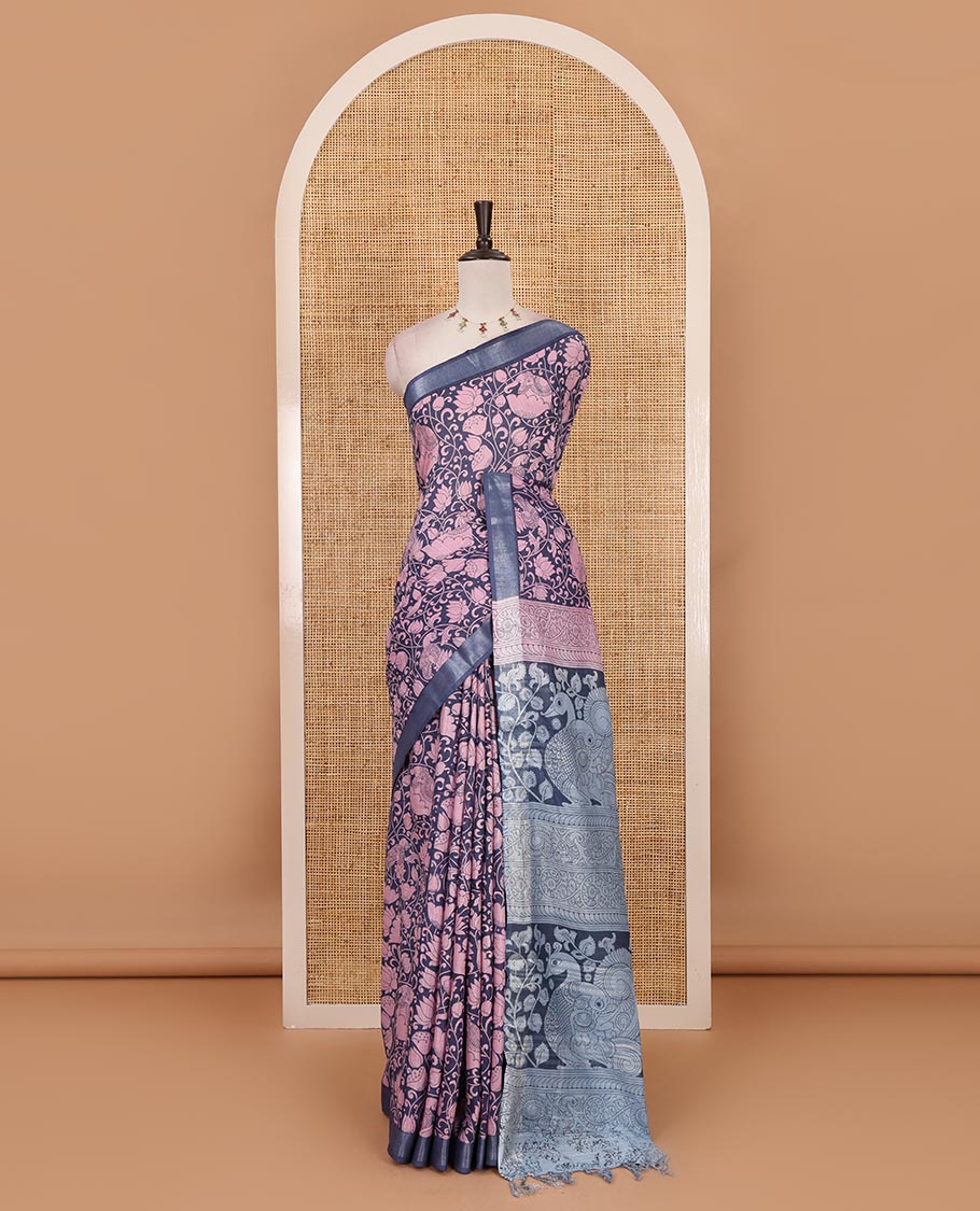 Blue flora-fauna kalamkari printed Bhagalpur linen saree, zari border, contrast floral-peacock printed pallu & contrast printed blouse