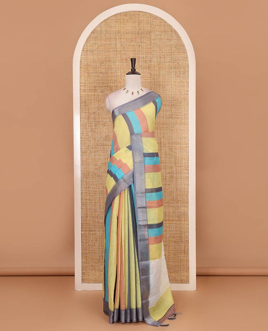 Multi-colored stripes-block linen  saree, zari bavanji border, plain pallu & printed blouse