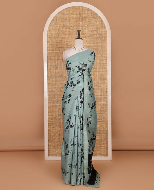 Borderless green five petal floral motifs printed semi tussar saree, self-pallu of  floral print, and printed blouse