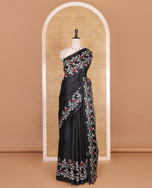 Black plain khadi cotton saree, floral creeper printed border, and pallu with small buttas printed blouse
