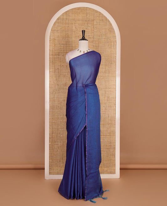 Borderless navy blue plain design viscose saree, flower motifs printed matching blouse