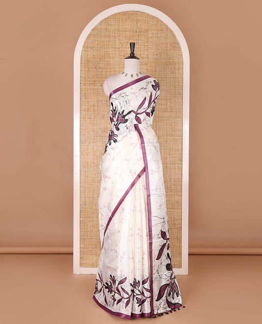 Half-white batik-style floral vine printed khadi cotton saree, contrast wine border, batik floral printed, and contrast flower motifs printed blouse