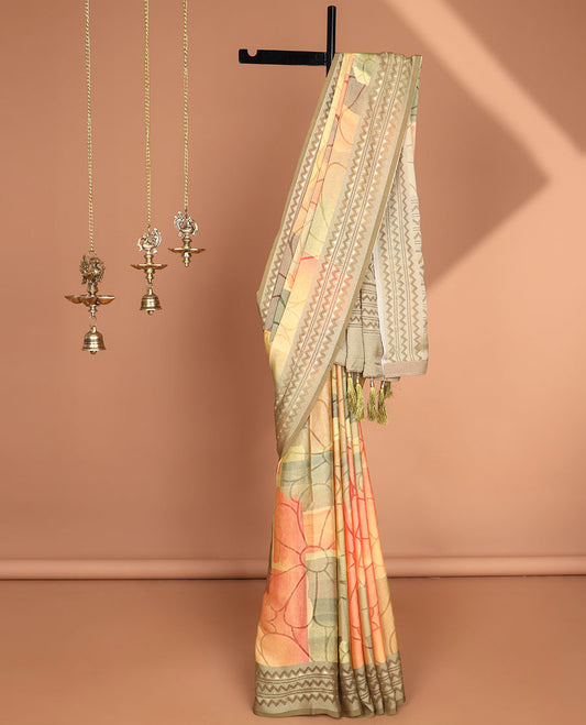 Multi-color digital floral print moss brasso saree with contrast border & rich print , tassels pallu