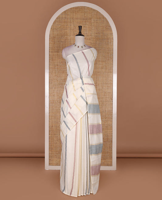 Borderless cream-blue vertical striped Kerala cotton saree, ragkat style pallu, and running blouse