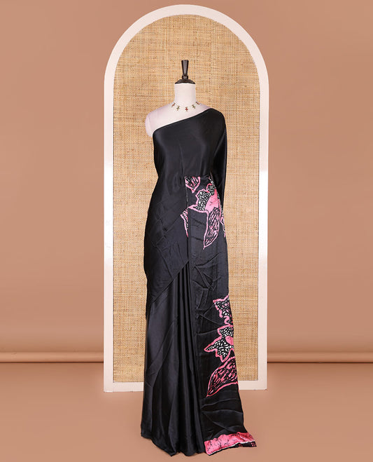 Borderless black-light pink batik style abstract digital printed satin crepe saree with blouse of small buttas