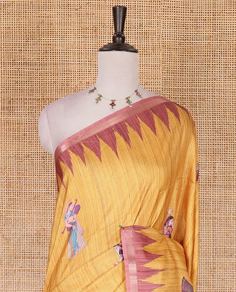 Yellow Radha motifs printed katan silk saree, contrast temple border, ikkat motifs woven pallu, and contrast printed pallu