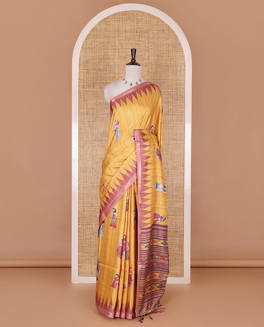 Yellow Radha motifs printed katan silk saree, contrast temple border, ikkat motifs woven pallu, and contrast printed pallu