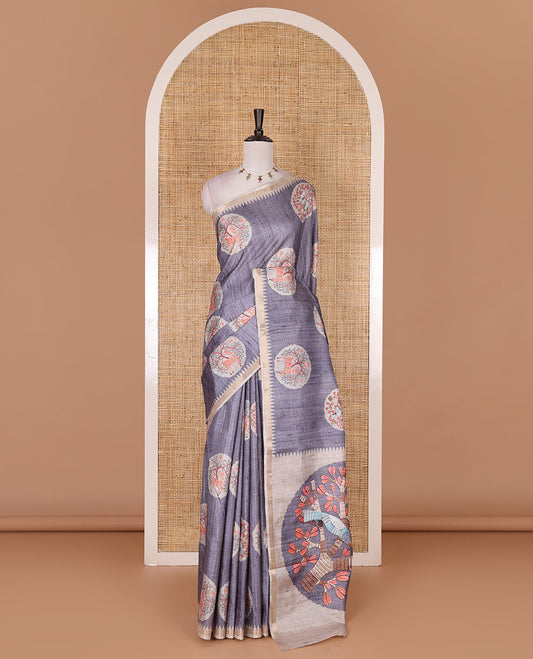 Grey Madhubani painting style deer and sparrow motifs printed semi-tussar silk saree, contrast temple border, Madhubani style pallu, and contrast bird and floral buttas printed blouse