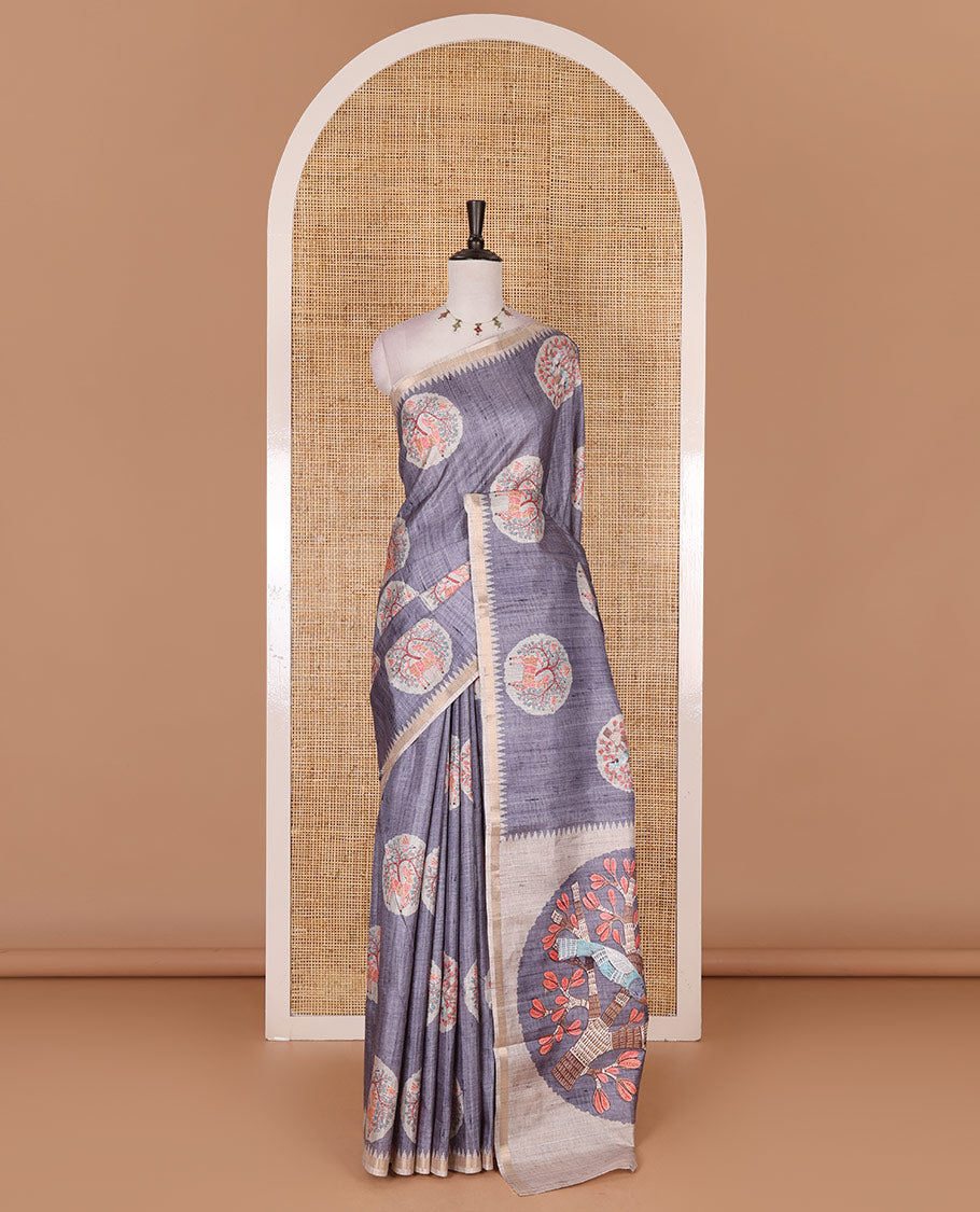 Grey Madhubani painting style deer and sparrow motifs printed semi-tussar silk saree, contrast temple border, Madhubani style pallu, and contrast bird and floral buttas printed blouse