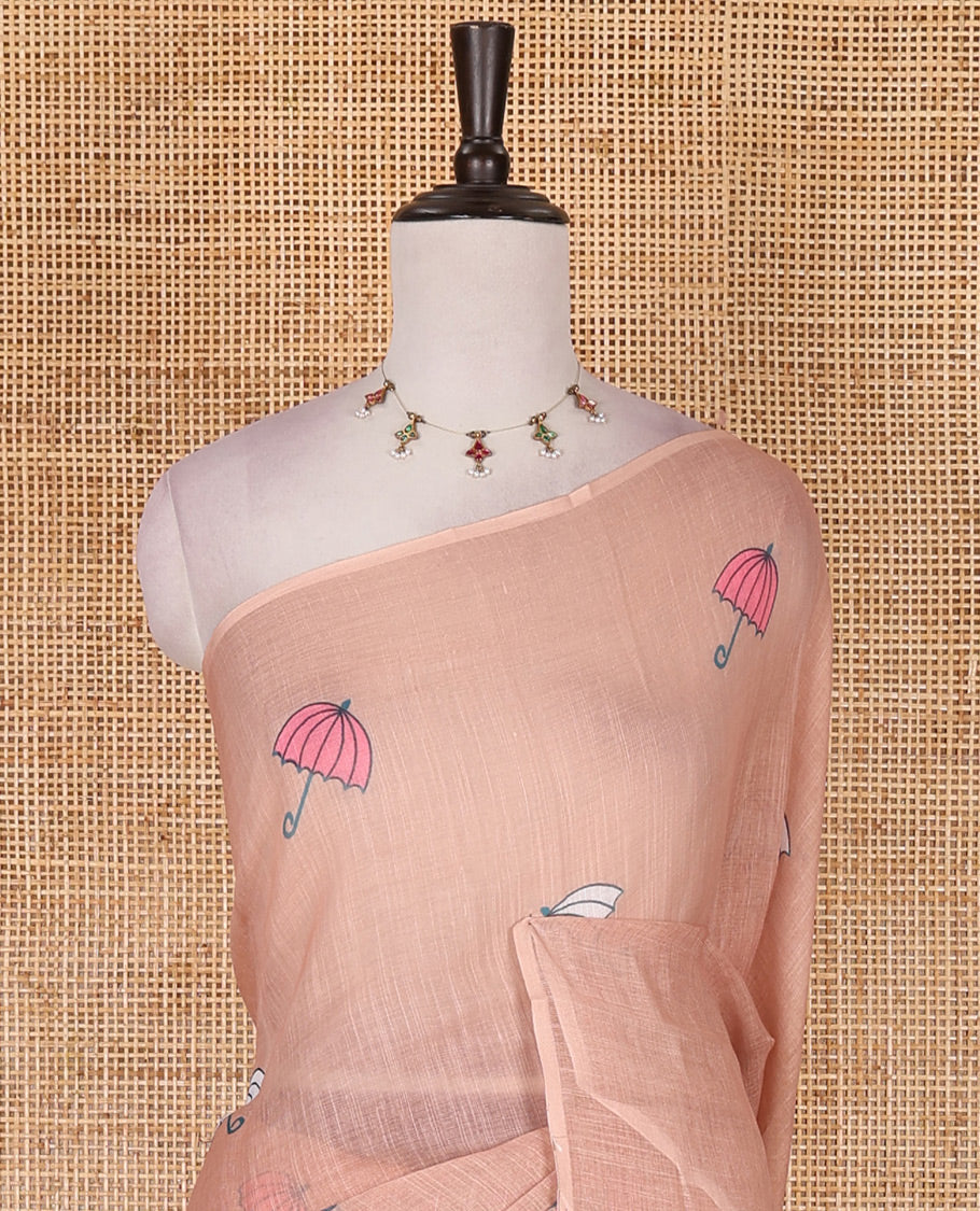 Borderless peach umbrella motifs printed linen cotton saree, self-pallu of big umbrella motifs and contrast blouse