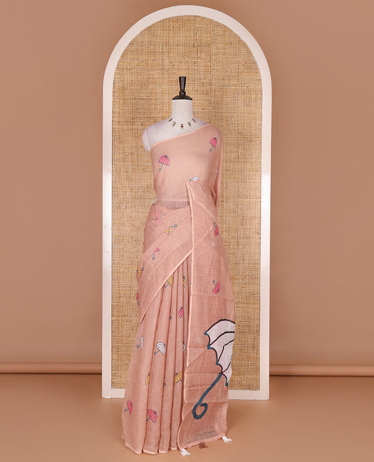 Borderless peach umbrella motifs printed linen cotton saree, self-pallu of big umbrella motifs and contrast blouse