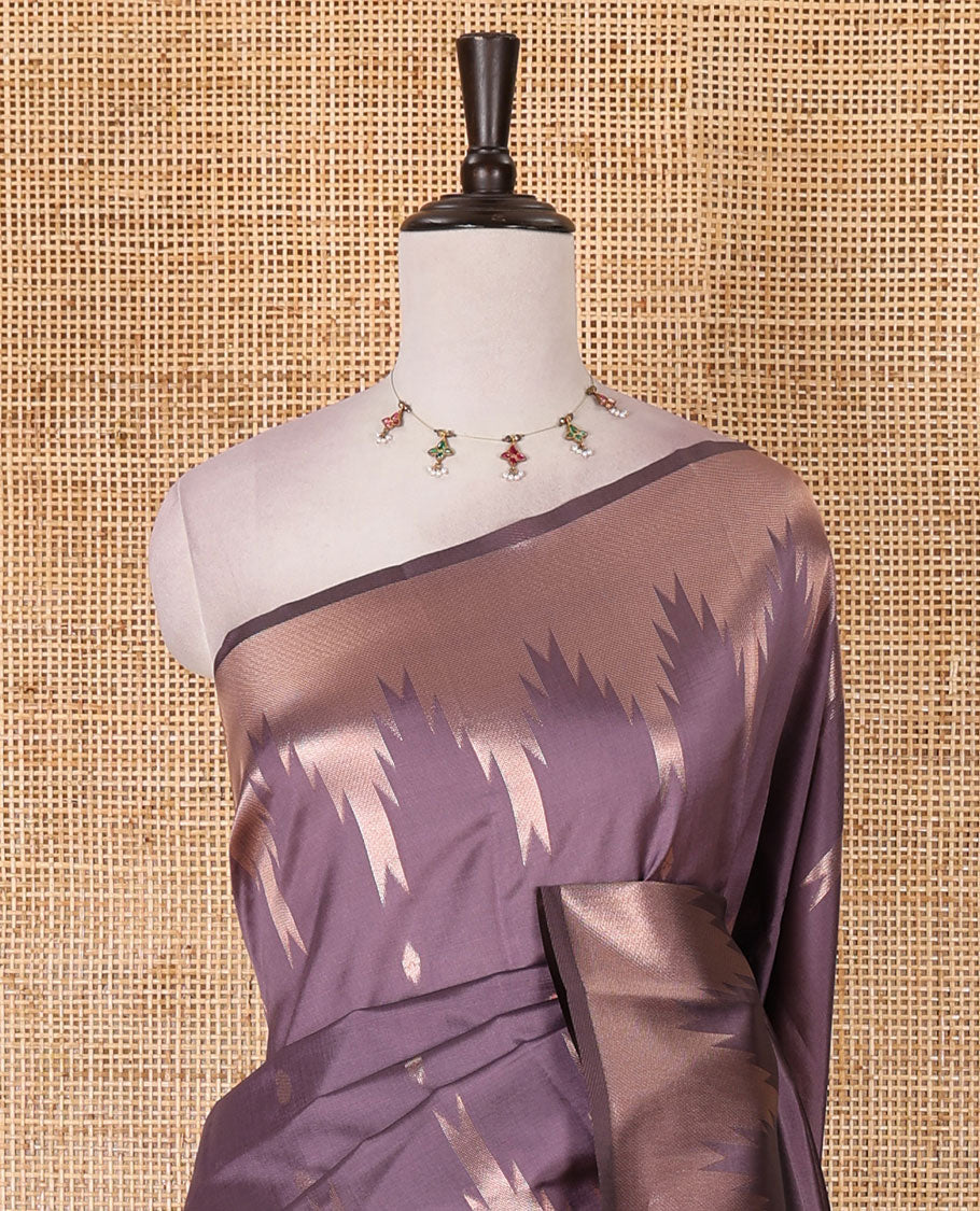 Lavender zari buttas kanchi silk saree, temple zari border, zari-rich jaal pallu, and zari motifs woven blouse
