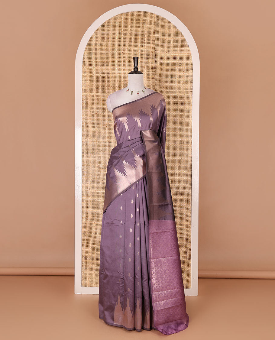 Lavender zari buttas kanchi silk saree, temple zari border, zari-rich jaal pallu, and zari motifs woven blouse