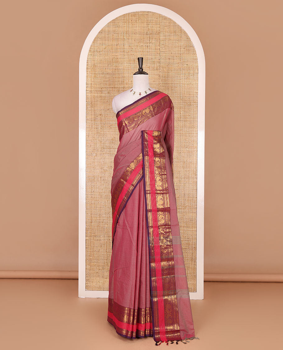 Pink plain Chettinad cotton saree, contrast rettai rettu annam and temple motif zari border, striped pallu, and matching blouse