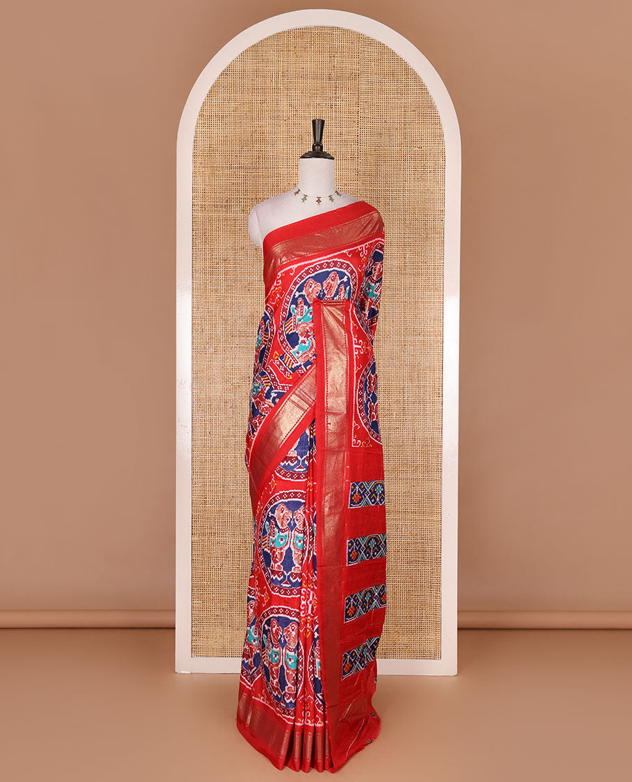 Red pochampally style bird motifs enclosed circles printed dola silk saree, zari border, ikkat pallu, and matching printed blouse