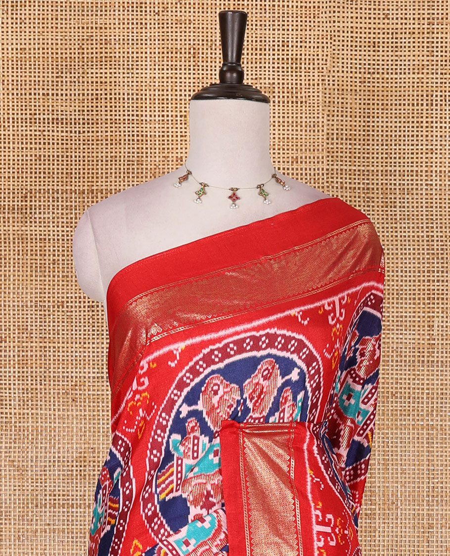 Red pochampally style bird motifs enclosed circles printed dola silk saree, zari border, ikkat pallu, and matching printed blouse